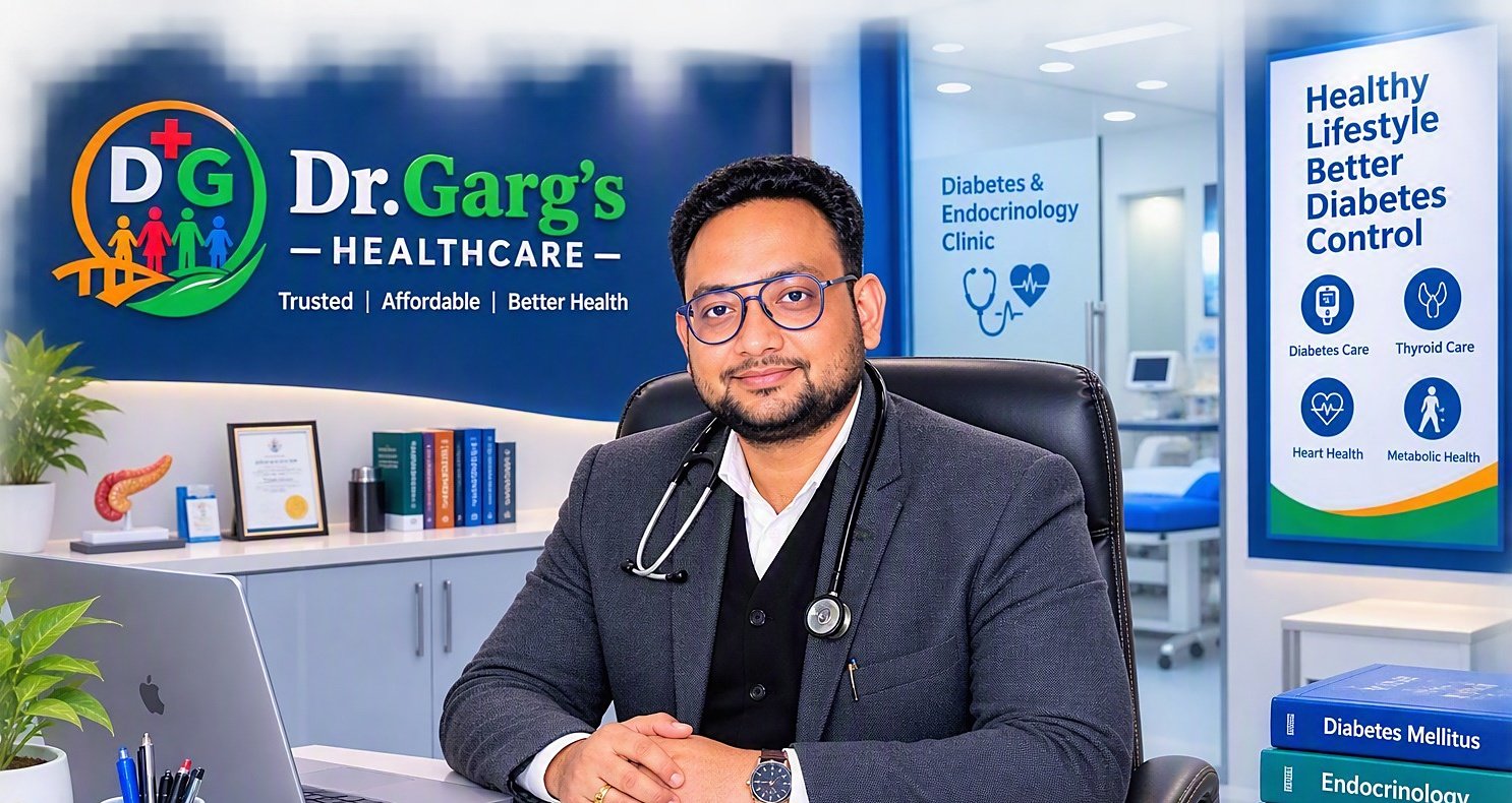 Dr. H. M. Garg, Consultant Physician at Dr. Garg's Healthcare, seated in his clinic