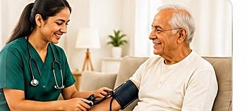 Nurse checking blood pressure of an elderly patient at home