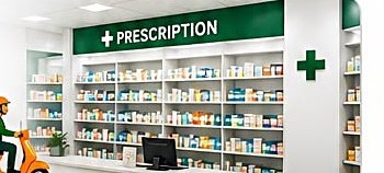Inside Healthy Choice Pharmacy, well-stocked medicine shelves